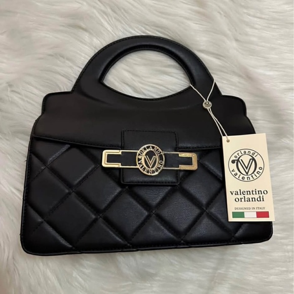 NEW! VALENTINO ORLANDI Quilted Vegan Crossbody Top Handle Bag Black Purse Iconic - Picture 4 of 6